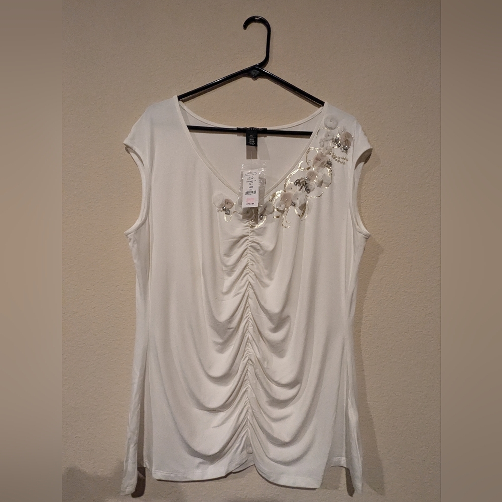 White House Black Market White Shirred Embellished V Neck Top